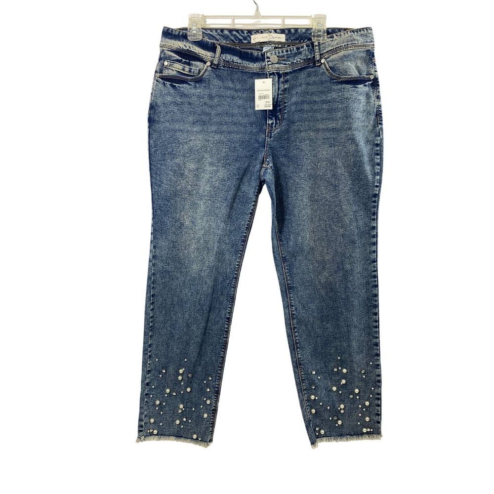Est. 1946 Denim Jeans Womens 12 Mid-Rise Acid Wash Pearl Rhinestone Raw Hem Boho